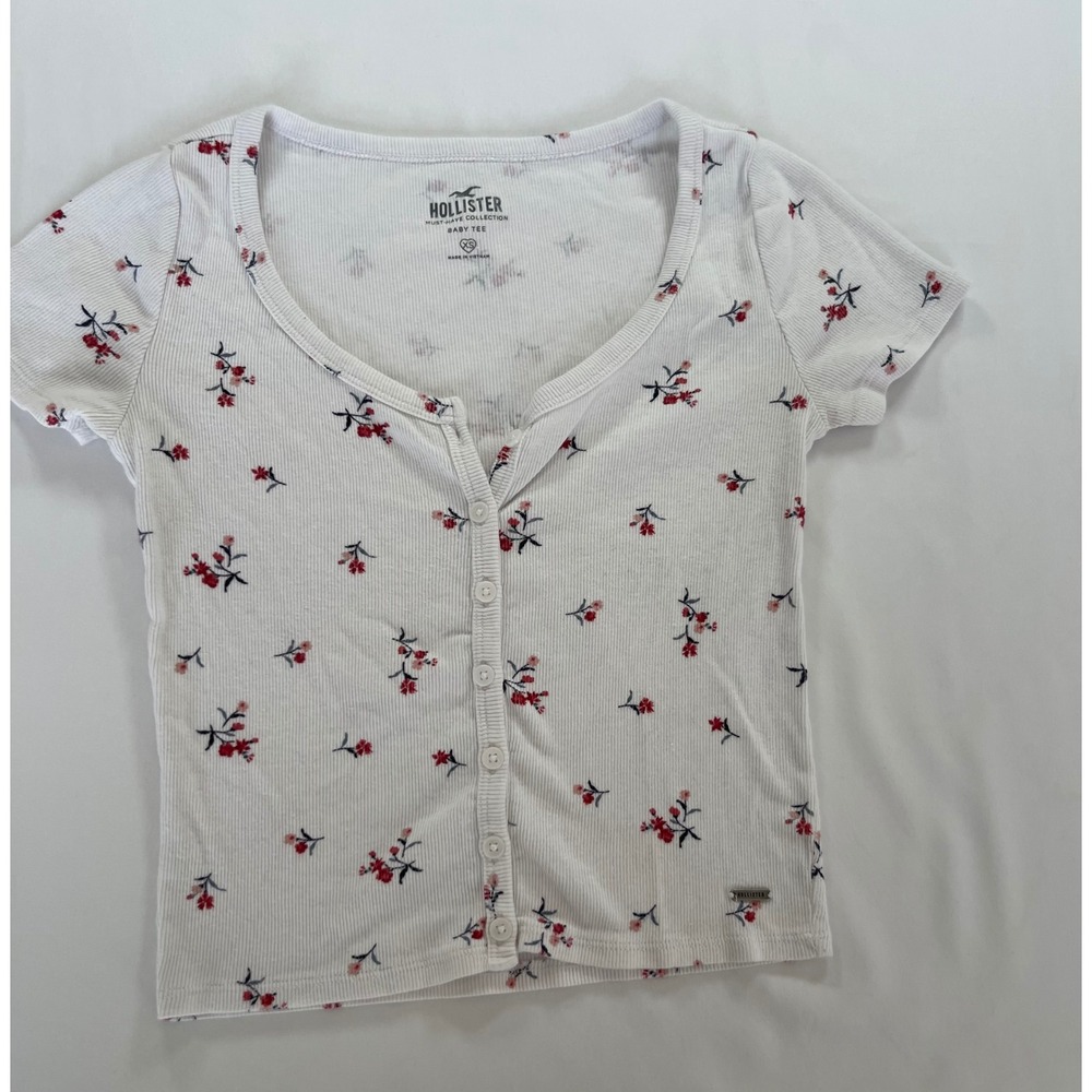 Hollister Womens White Floral Ribbed Button Front Baby Tee XS Short Sleeve Top